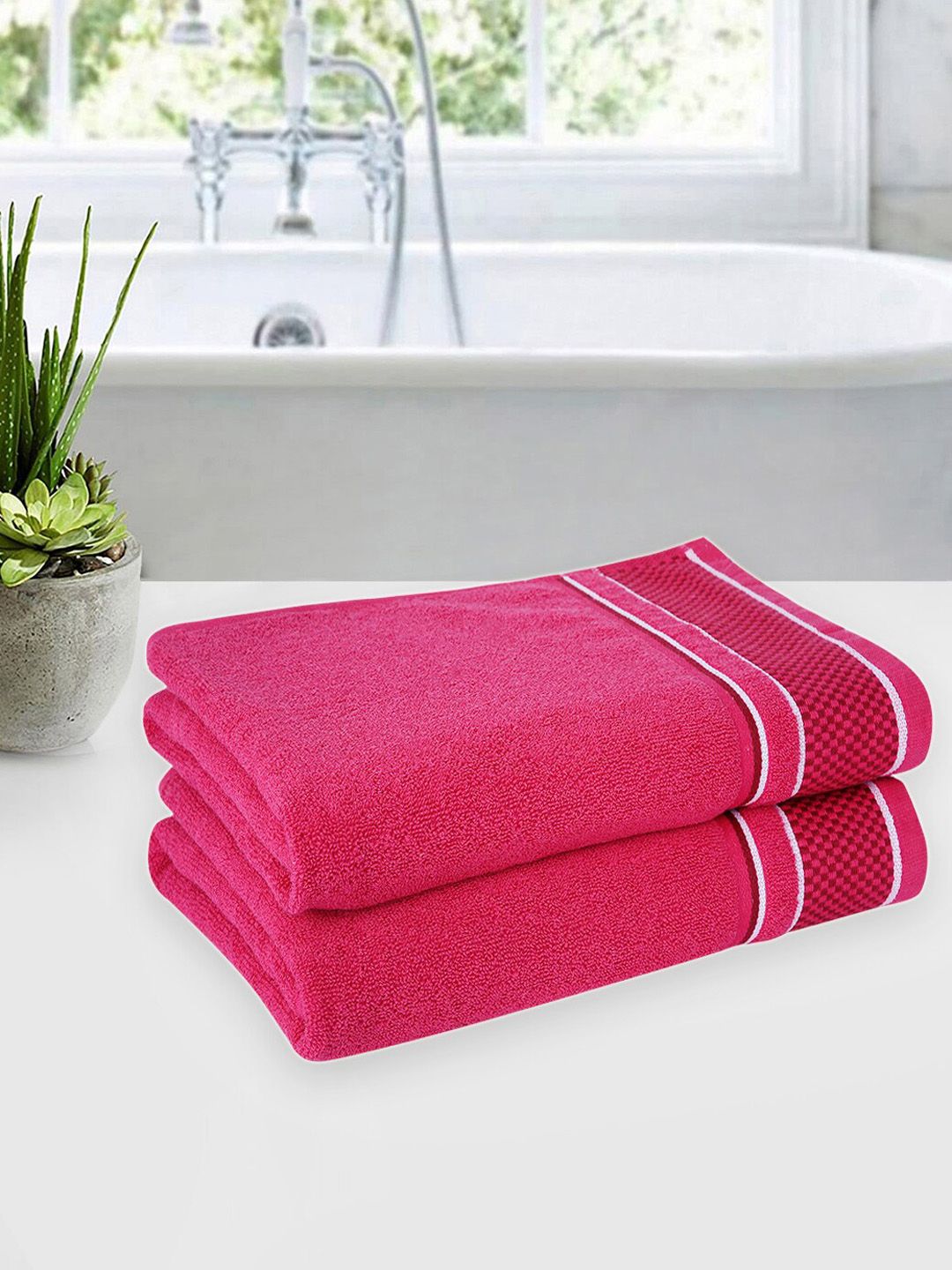 ROMEE Set of 2 Pink Pure Cotton 500 GSM Large Bath Towels Price in India