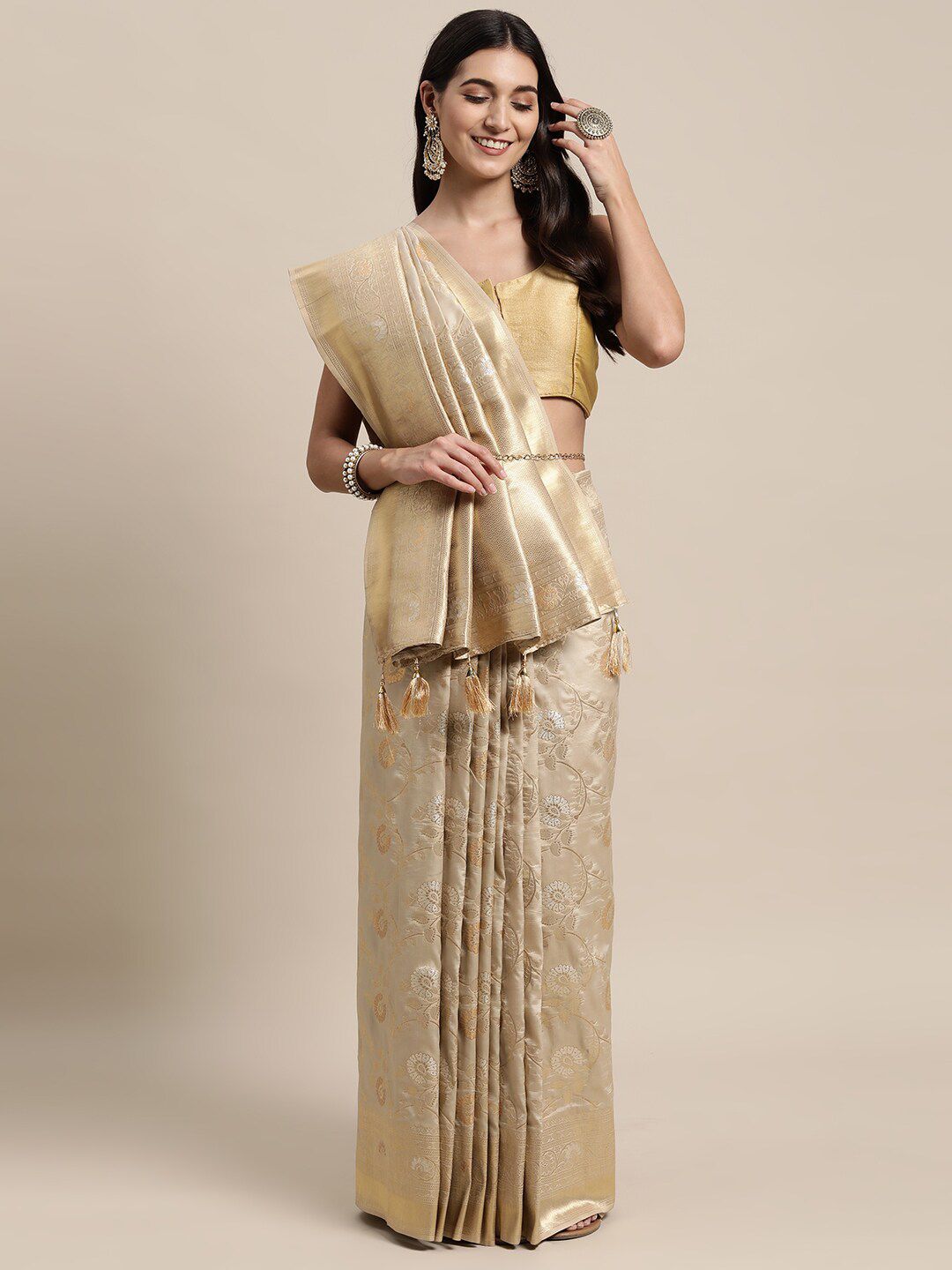 KAITHY CREATION Cream-Coloured & Gold-Toned Woven Design Zari Pure Silk Banarasi Saree Price in India