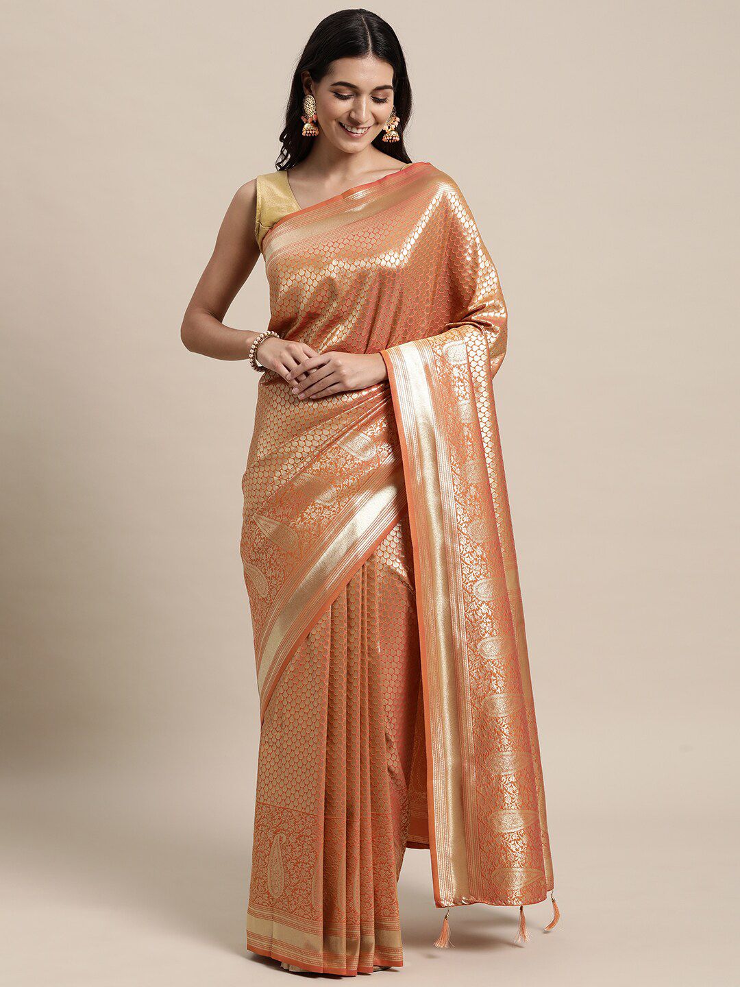 KAITHY CREATION Orange & Gold-Toned Woven Design Zari Pure Silk Banarasi Saree Price in India