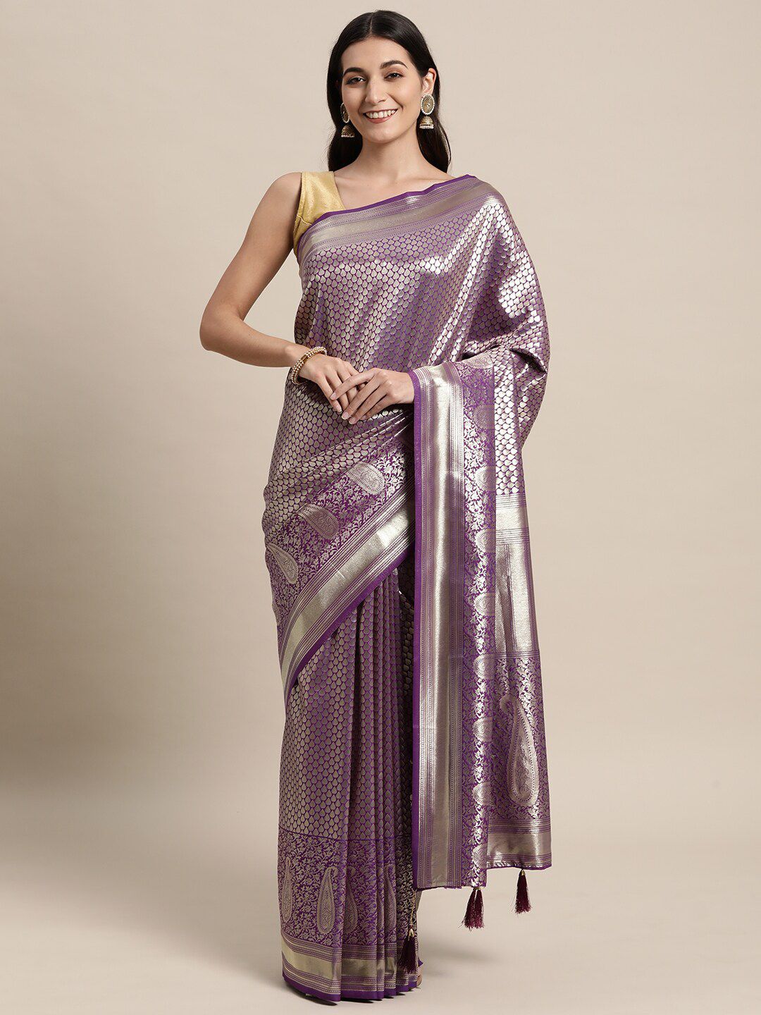 KAITHY CREATION Purple & Gold-Toned Woven Design Zari Pure Silk Banarasi Saree Price in India