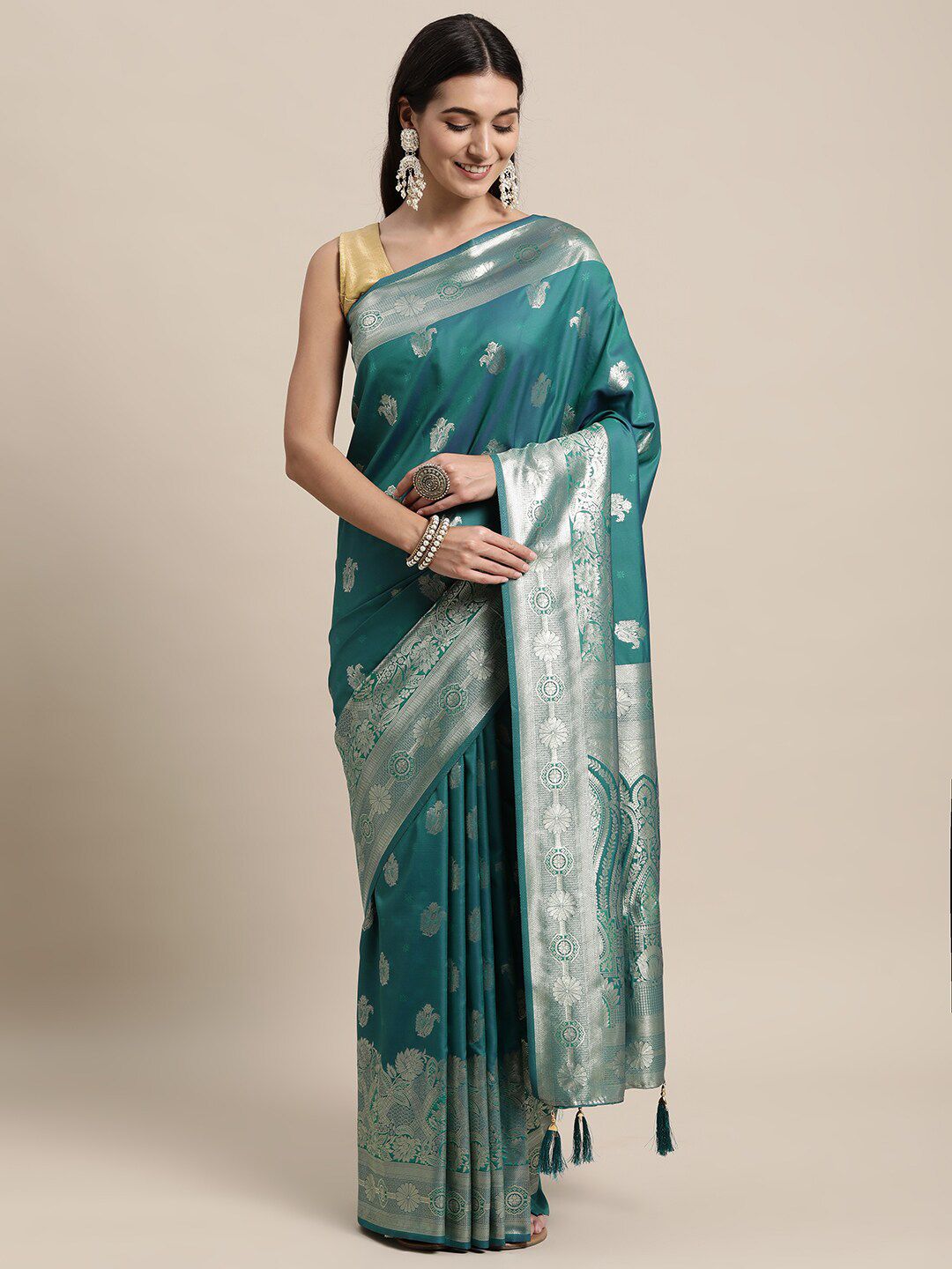 KAITHY CREATION Green & Gold-Toned Woven Design Zari Pure Silk Banarasi Saree Price in India