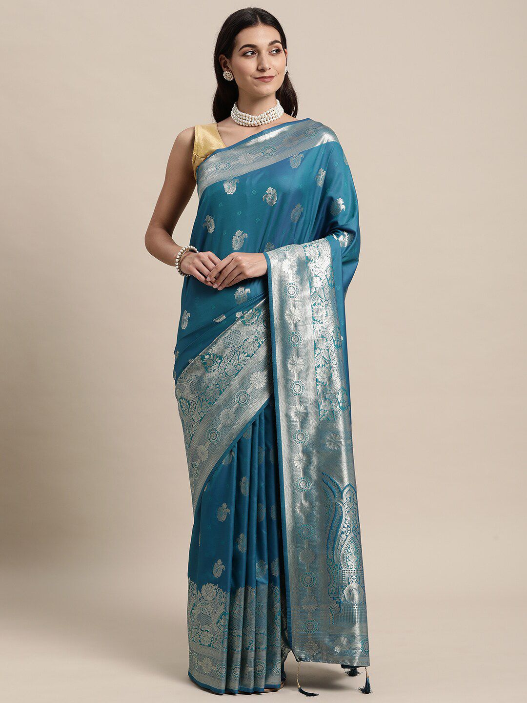 KAITHY CREATION Blue Woven Design Zari Pure Silk Banarasi Saree Price in India