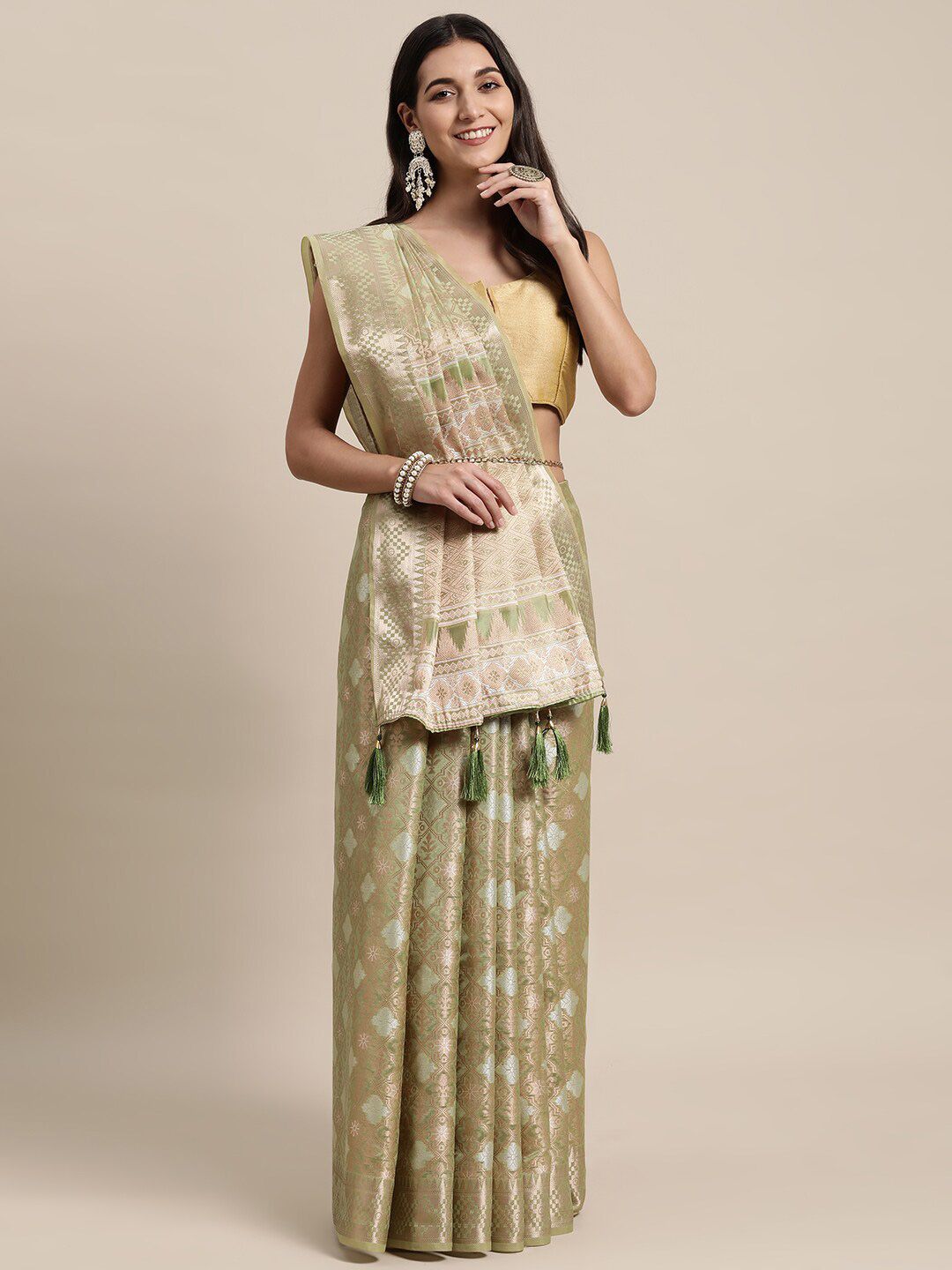 KAITHY CREATION Green & Gold-Toned Floral Zari Pure Silk Banarasi Saree Price in India