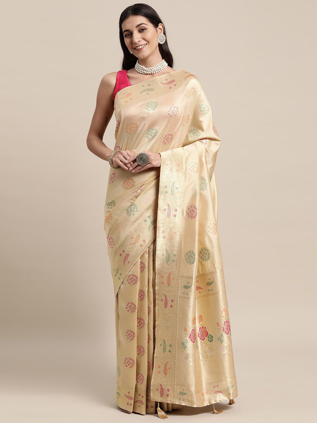 KAITHY CREATION Cream-Coloured & Gold-Toned Woven Design Zari Satin Banarasi Saree Price in India