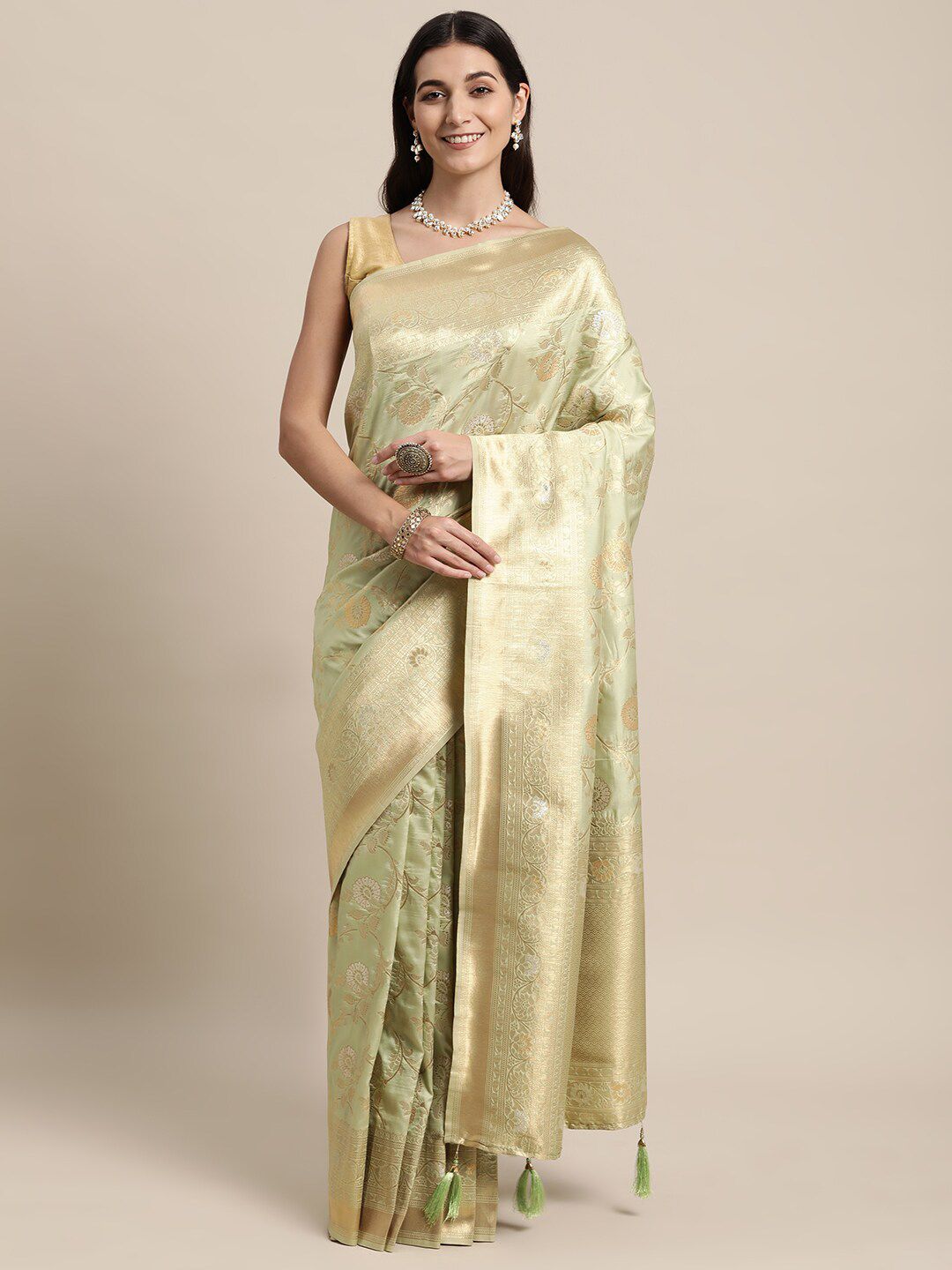 KAITHY CREATION Green & Gold-Toned Woven Design Zari Pure Silk Banarasi Saree Price in India