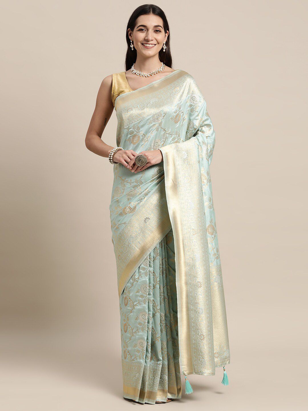 KAITHY CREATION Blue & Gold-Toned Woven Design Zari Pure Silk Banarasi Saree Price in India