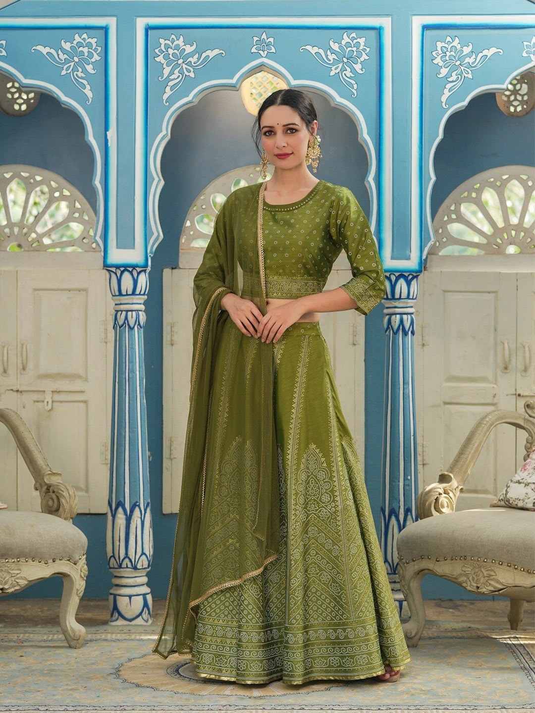 Juniper Green & Gold-Toned Printed Ready to Wear Lehenga & Choli With Dupatta Price in India