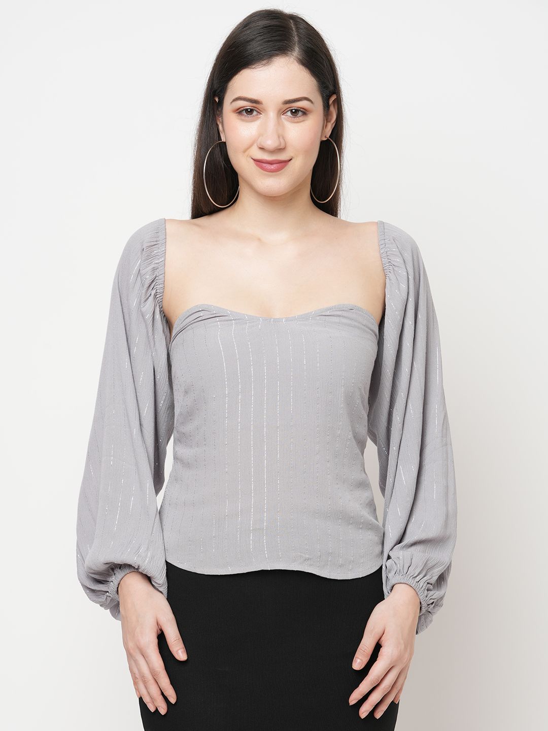 MISH Women Grey Striped Sheen Top Price in India