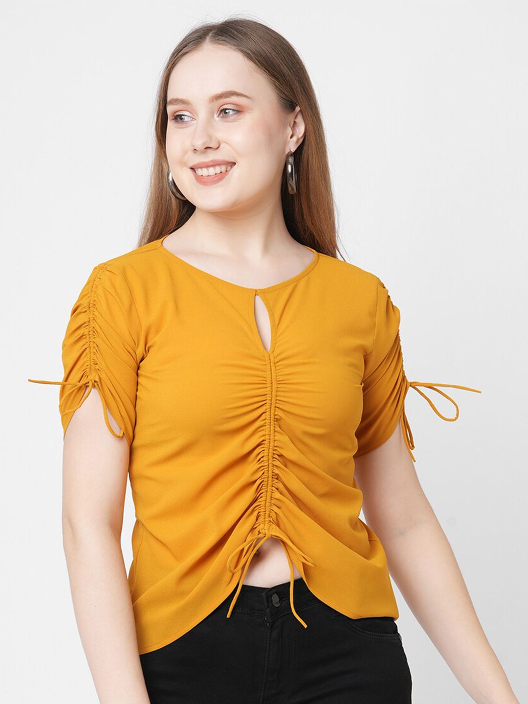 MISH Women Mustard Yellow Keyhole Neck Georgette Top Price in India