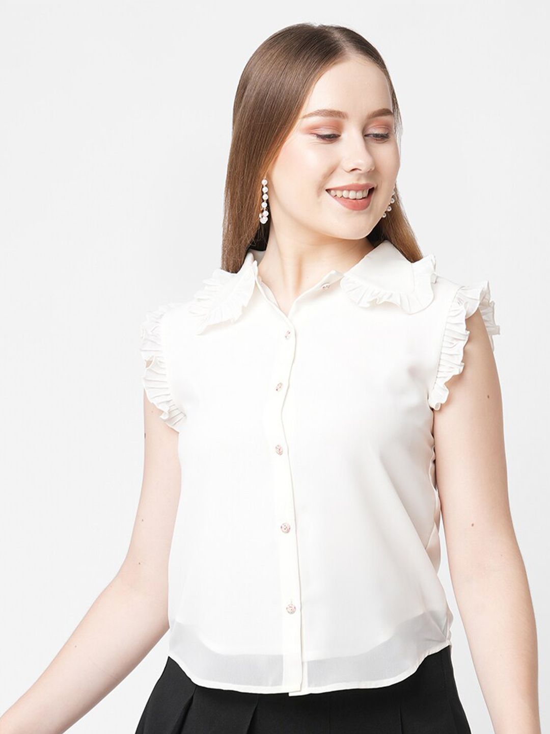 MISH Women Off White Ruffles Georgette Shirt Style Top Price in India
