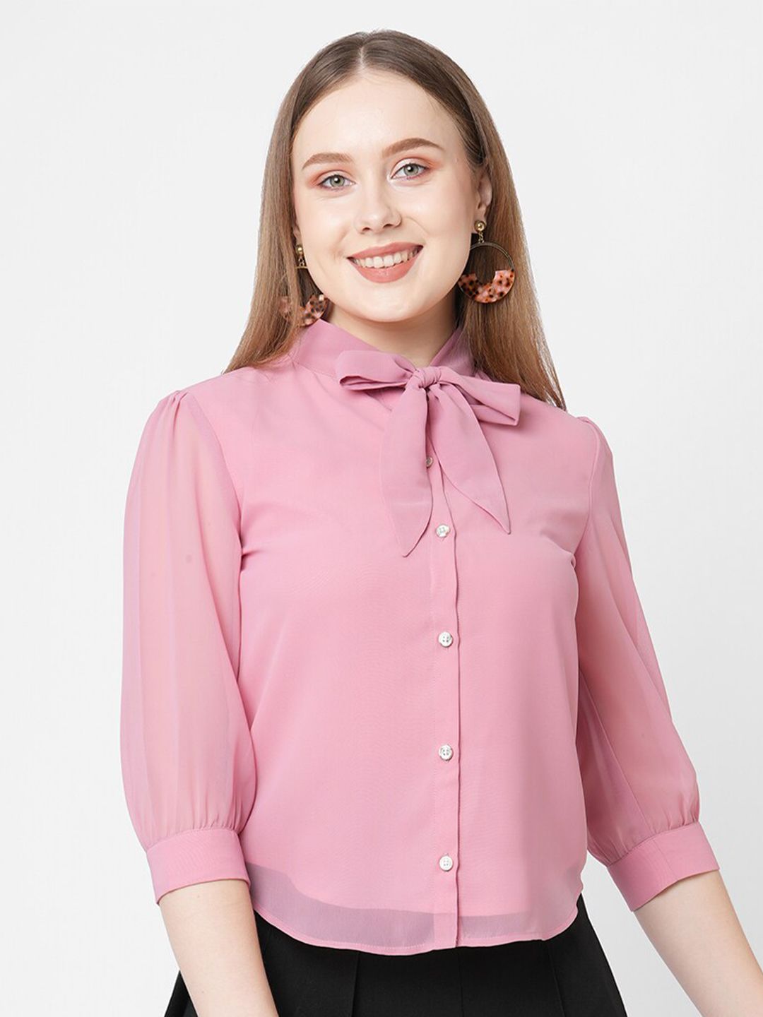 MISH Women Pink Tie-Up Neck Georgette Shirt Style Top Price in India