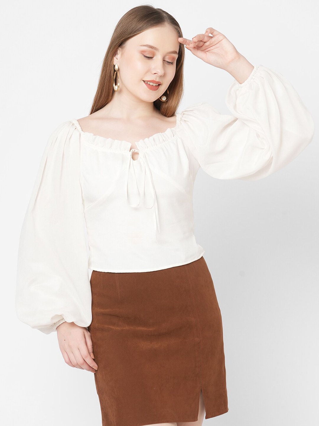 MISH Women Off White Tie-Up Neck Bishop Sleeves Ruffles Chiffon Top Price in India