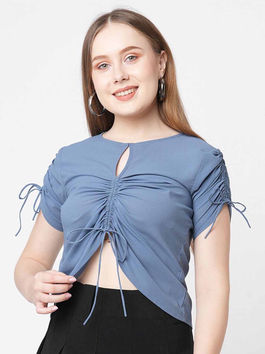 MISH Women Blue Keyhole Neck Georgette Crop Top Price in India