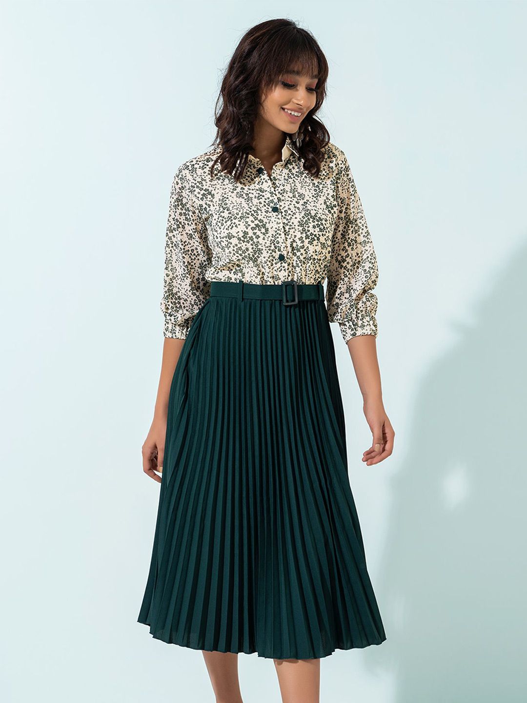 AASK Green & Beige Floral Crepe Shirt Midi Dress Price in India