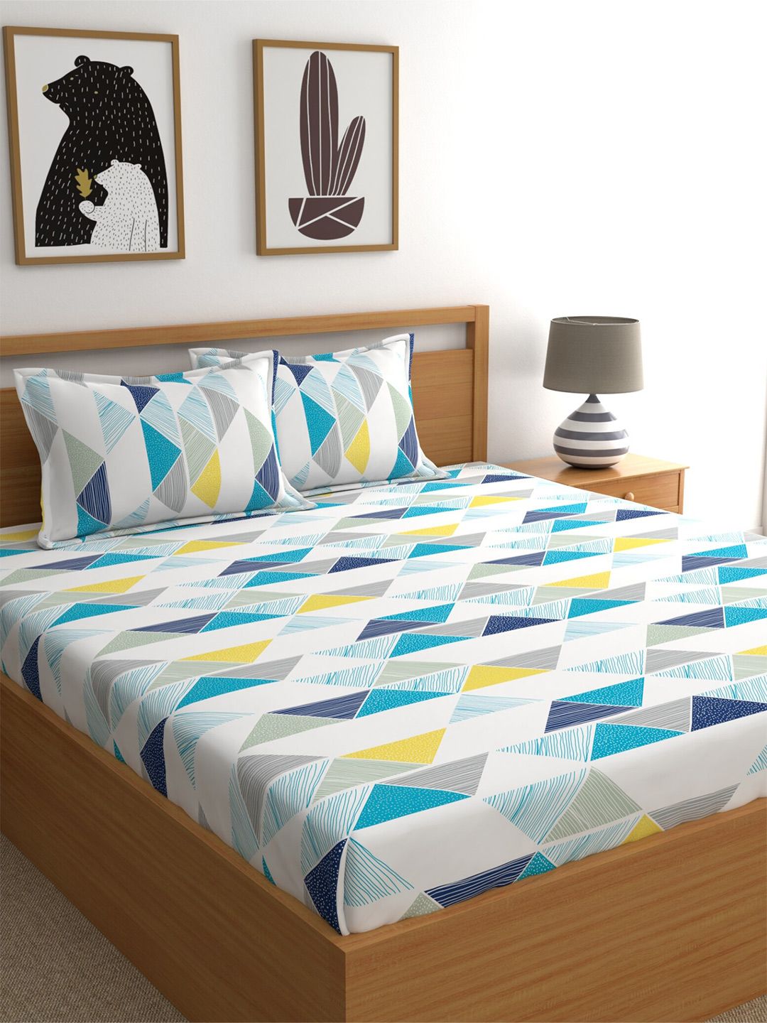 Dreamscape Blue & White Pure Cotton Geometric 140 TC Queen Bedsheet with 2 Pillow Covers Price in India