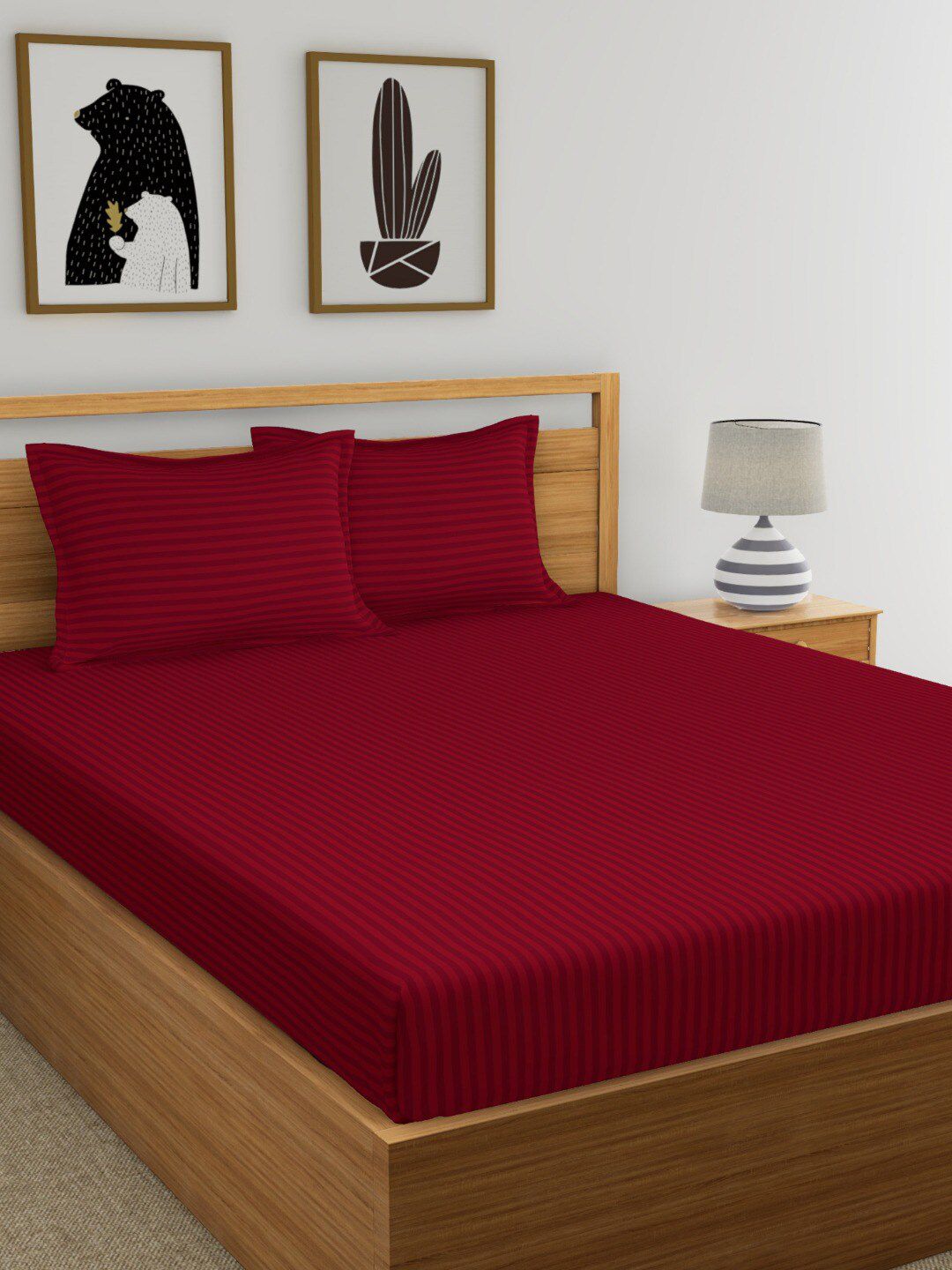 Dreamscape Maroon Pure Cotton Striped 210 TC King Bedsheet with 2 Pillow Covers Price in India