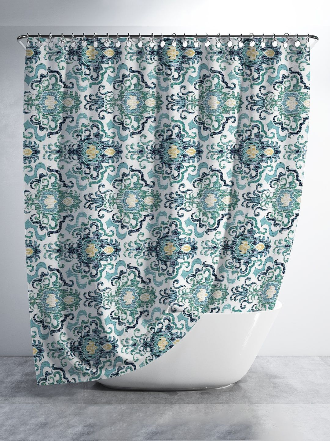 Aura Blue & White Printed Shower Curtains With 12 Hooks Price in India