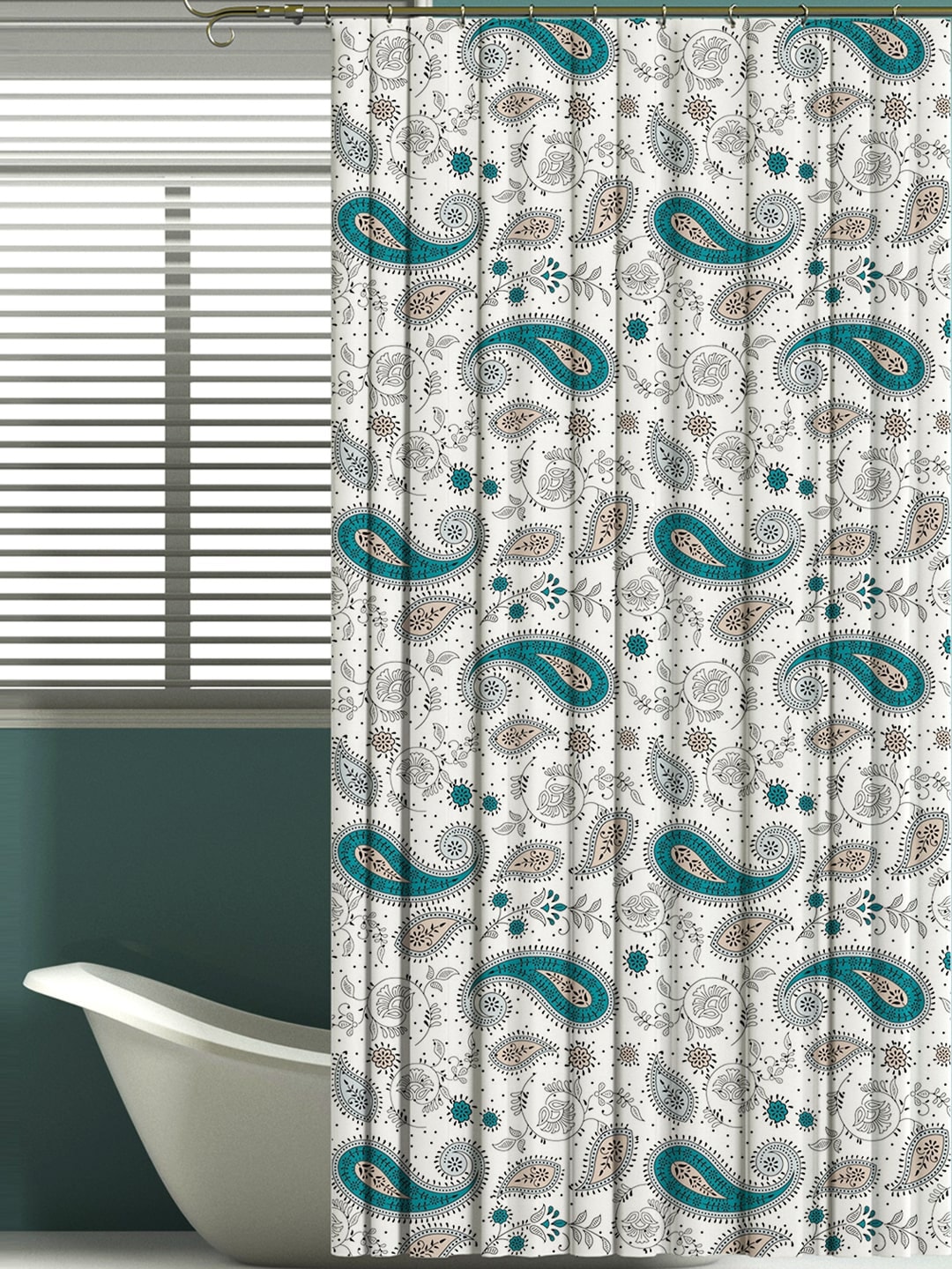 Aura White & Green Printed Shower Curtain Price in India