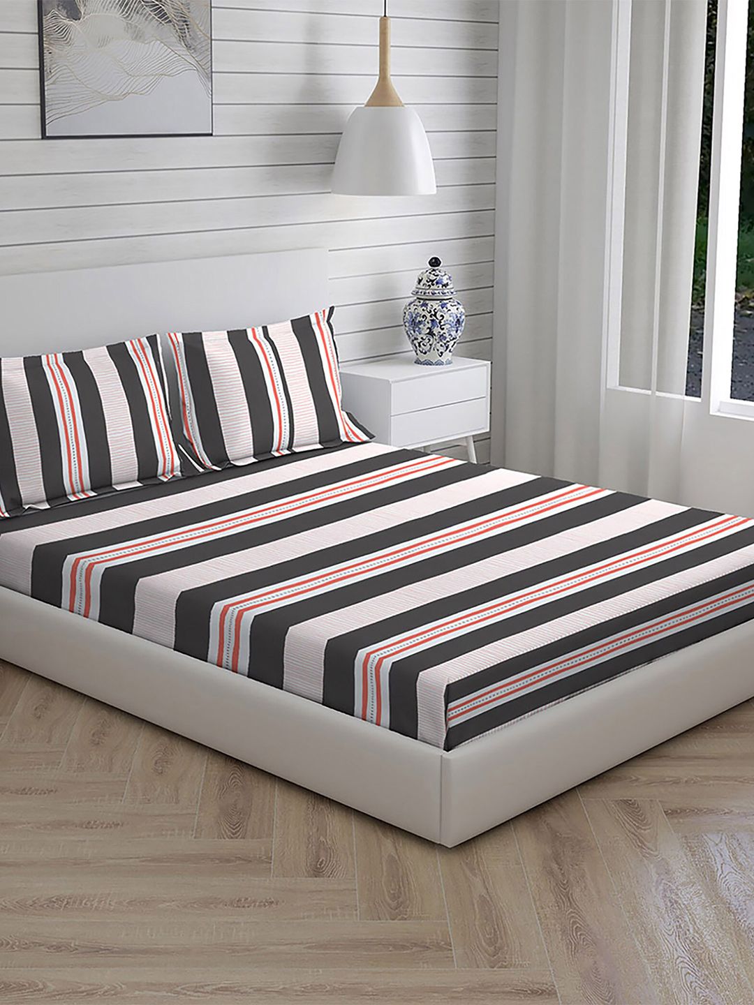 Layers Grey & White Pure Cotton Striped 104 TC King Bedsheet with 2 Pillow Covers Price in India