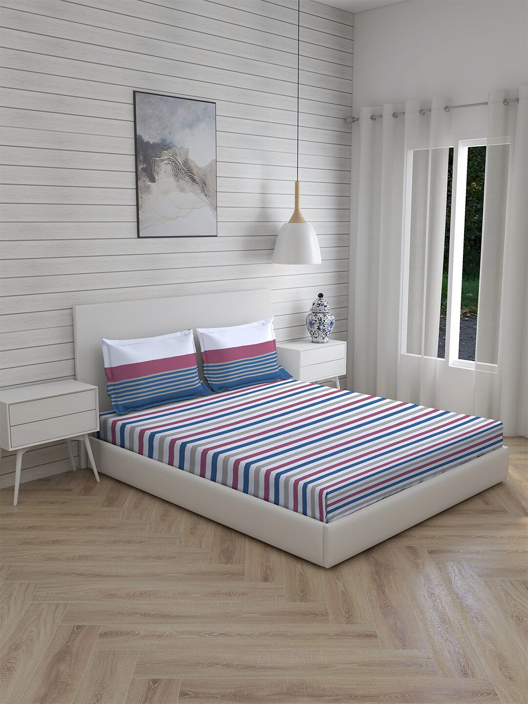 Layers Blue & Green Pure Cotton Striped 104 TC King Bedsheet with 2 Pillow Covers Price in India