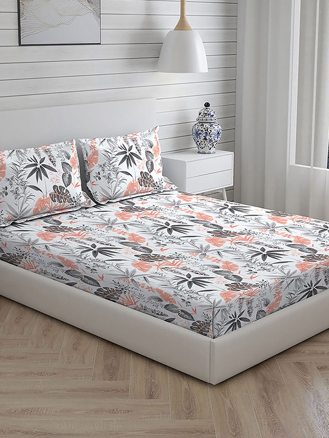 Layers Grey & White Floral 104 TC Pure Cotton King Bedsheet with 2 Pillow Covers Price in India
