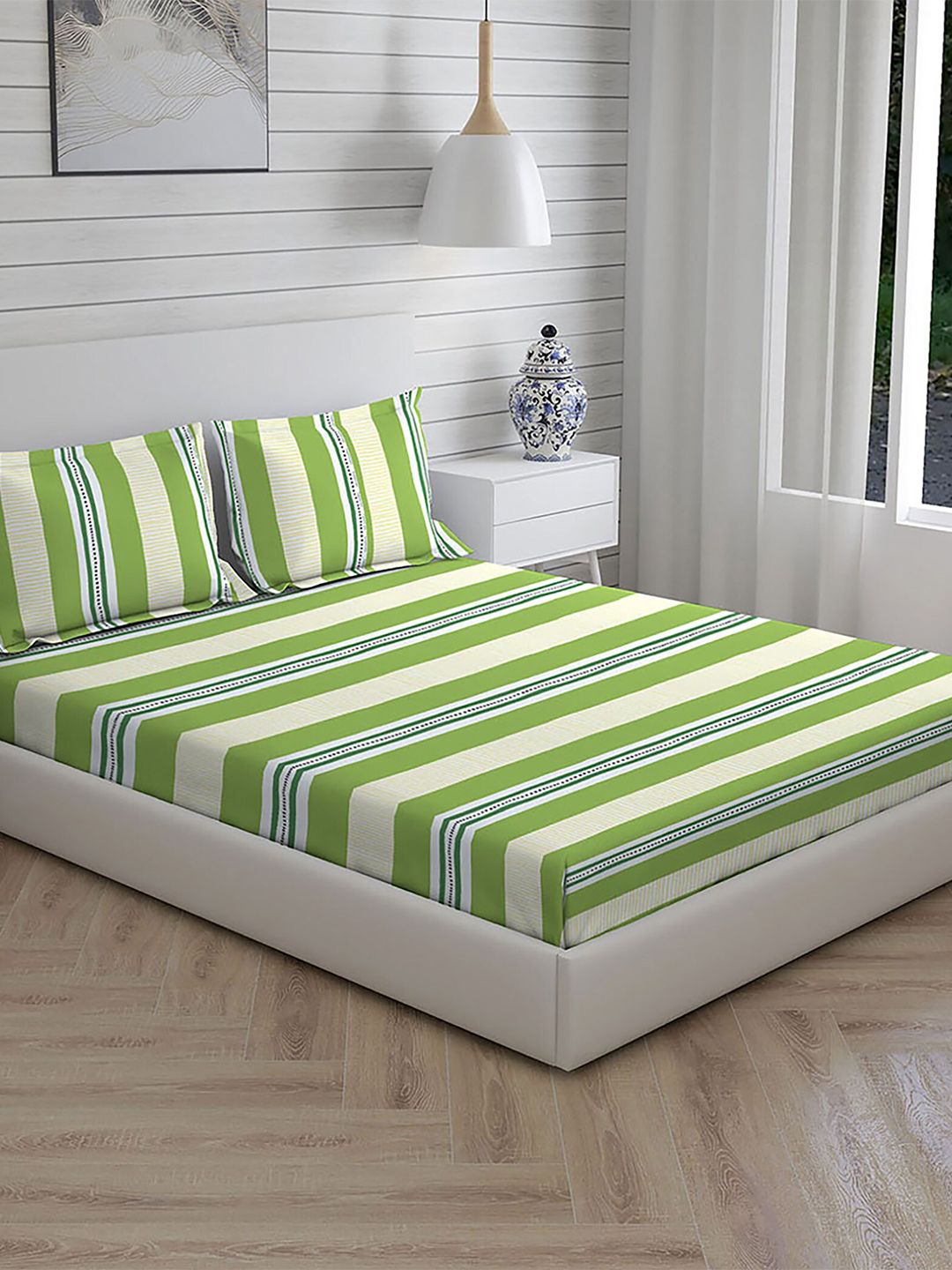 Layers Green & White Striped 104 TC Pure Cotton King Bedsheet with 2 Pillow Covers Price in India