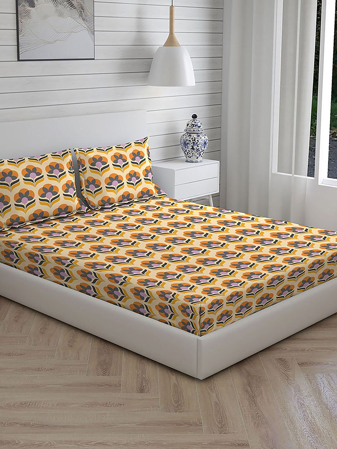 Layers Orange & Yellow Floral 104 TC Pure Cotton King Bedsheet with 2 Pillow Covers Price in India