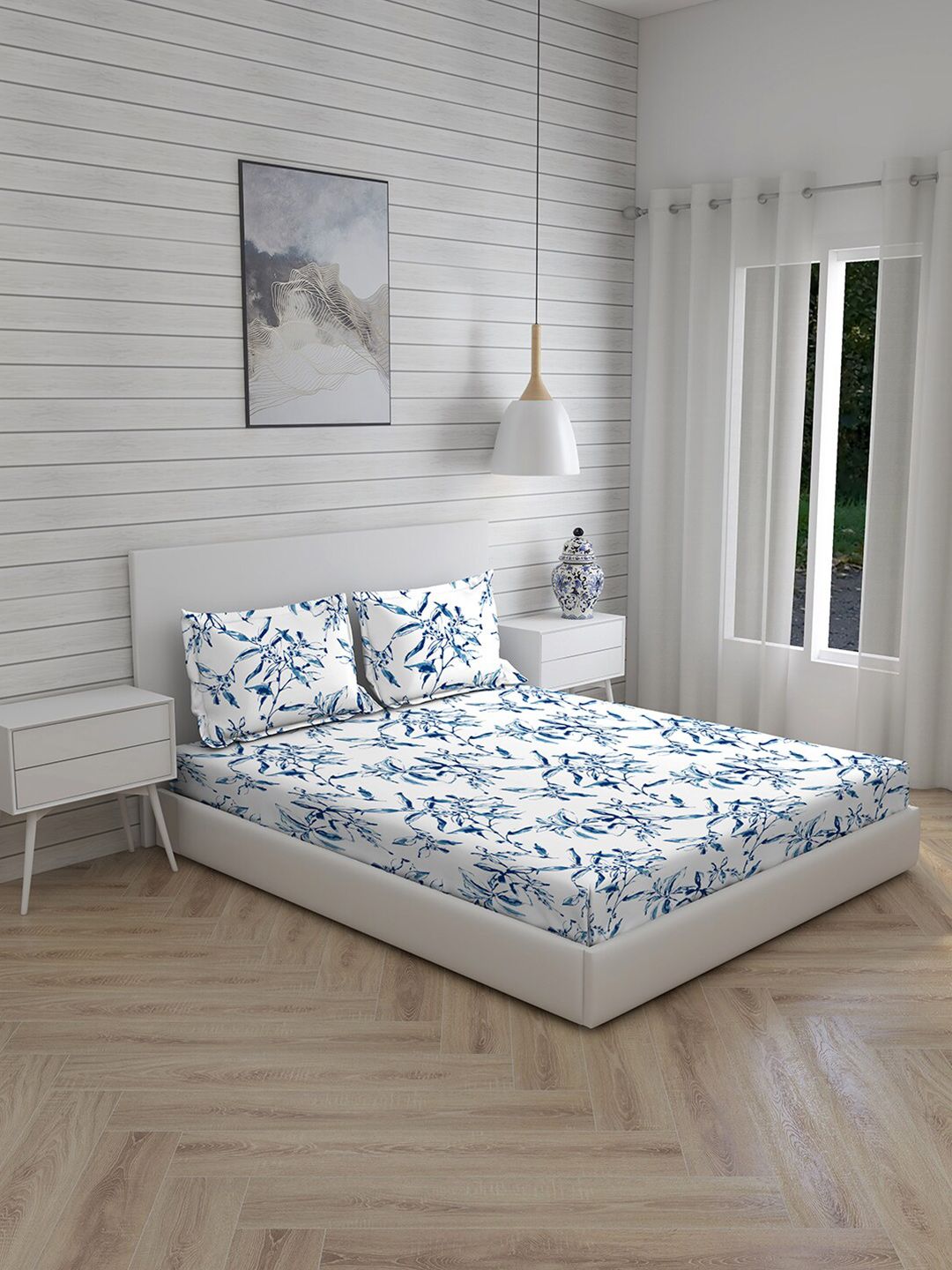 Layers Blue & White Floral 144 TC Pure Cotton King Bedsheet with 2 Pillow Covers Price in India