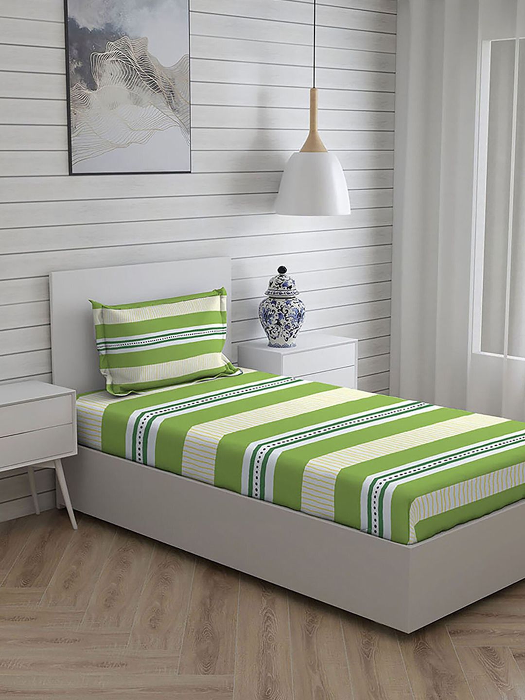 Layers Green & Off White Striped 104 TC Pure Cotton Single Bedsheet with 1 Pillow Cover Price in India