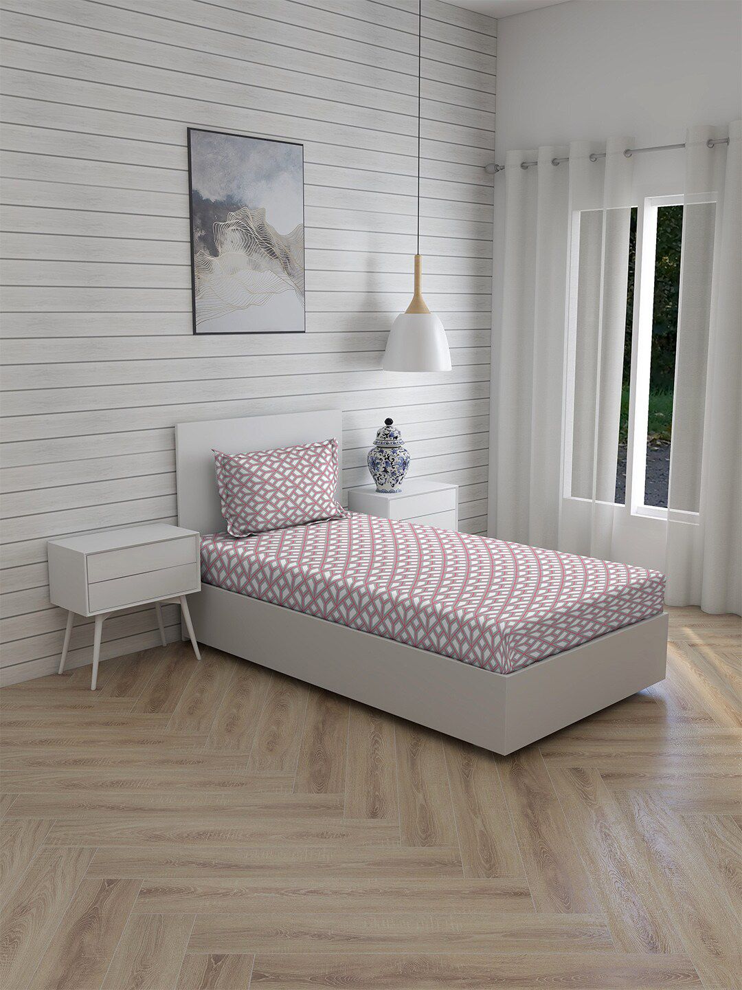 Layers Pink & Off White Geometric 110 TC Single Bedsheet with 1 Pillow Cover Price in India