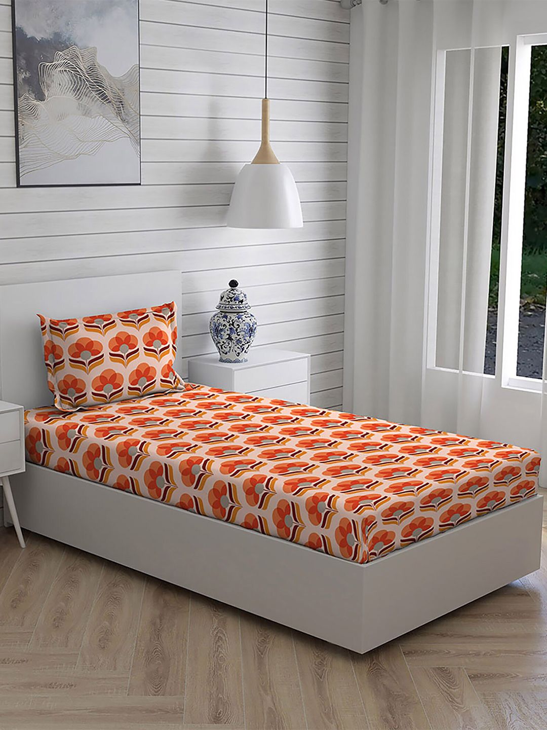 Layers Red & Orange Floral 104 TC Pure Cotton Single Bedsheet with 1 Pillow Cover Price in India