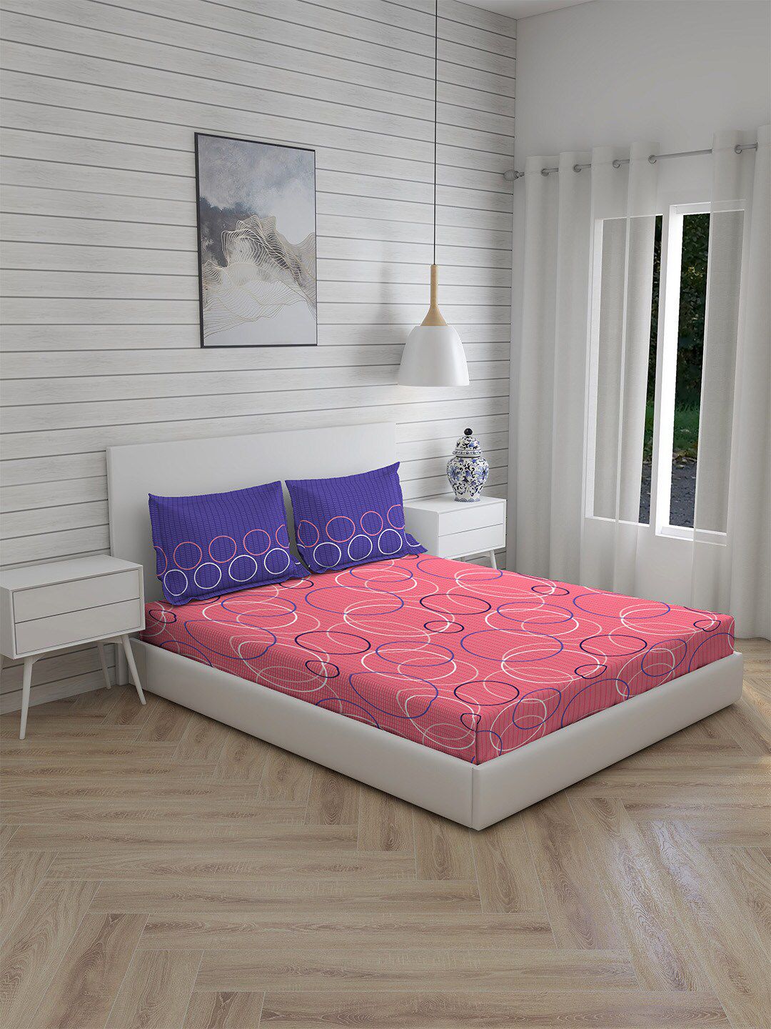 Layers Pink & Blue Geometric 104 TC King Bedsheet with 2 Pillow Covers Price in India