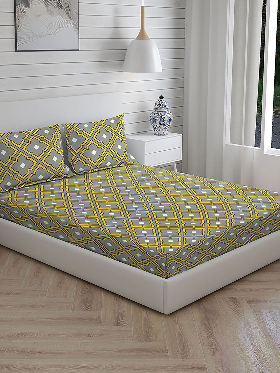 Layers Grey & Yellow Geometric 104 TC King Bedsheet with 2 Pillow Covers Price in India