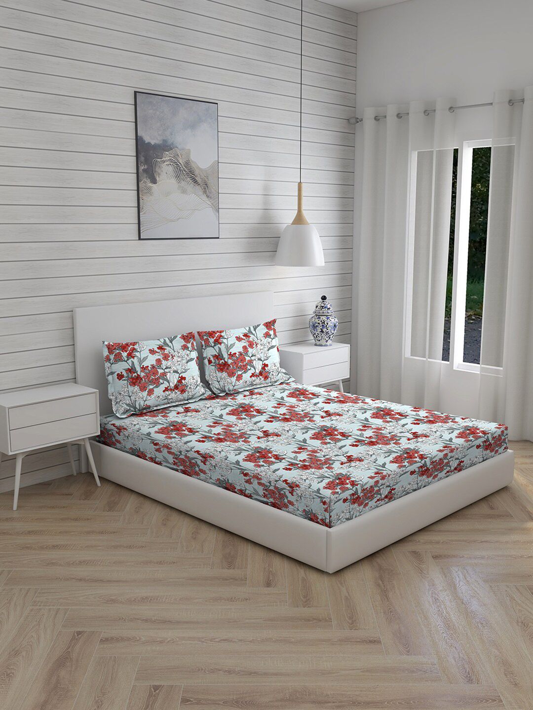 Layers Red & Grey Floral 144 TC King Bedsheet with 2 Pillow Covers Price in India