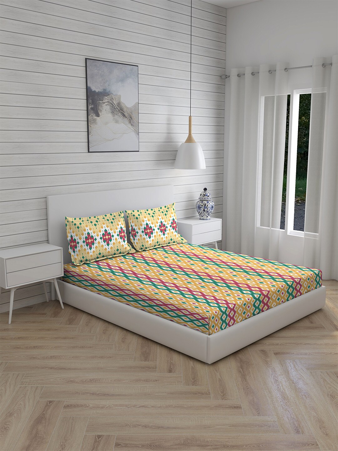 Layers Yellow & Green Geometric 104 TC King Bedsheet with 2 Pillow Covers Price in India