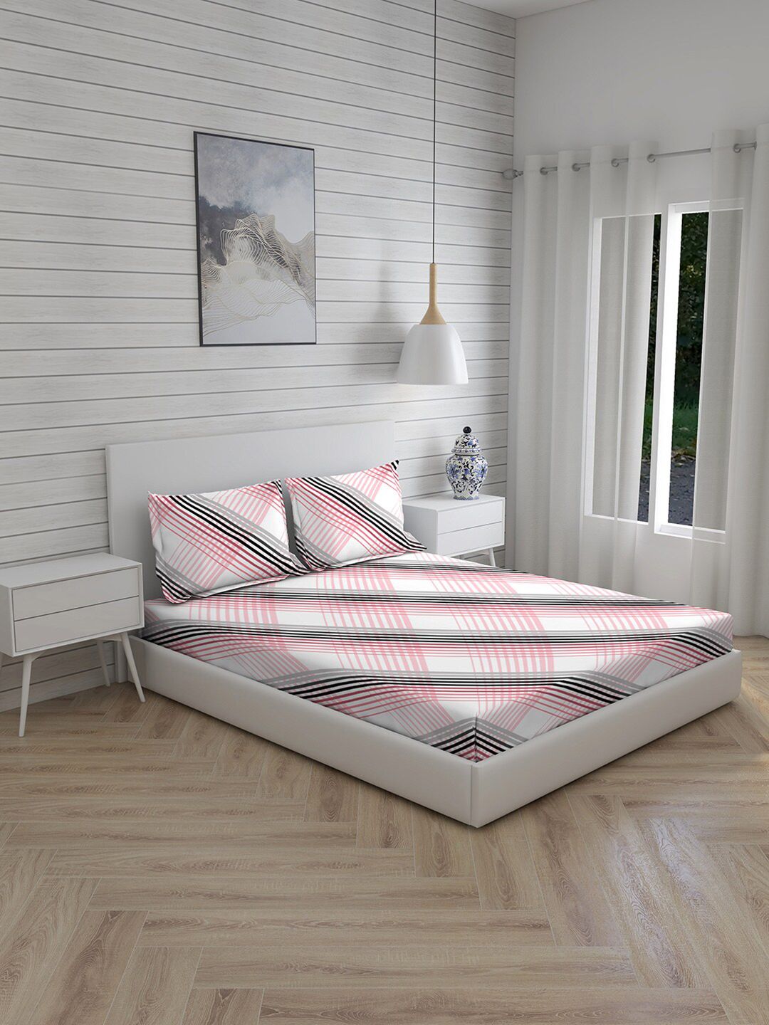 Layers Pink & White Geometric 144 TC Queen Bedsheet with 2 Pillow Covers Price in India