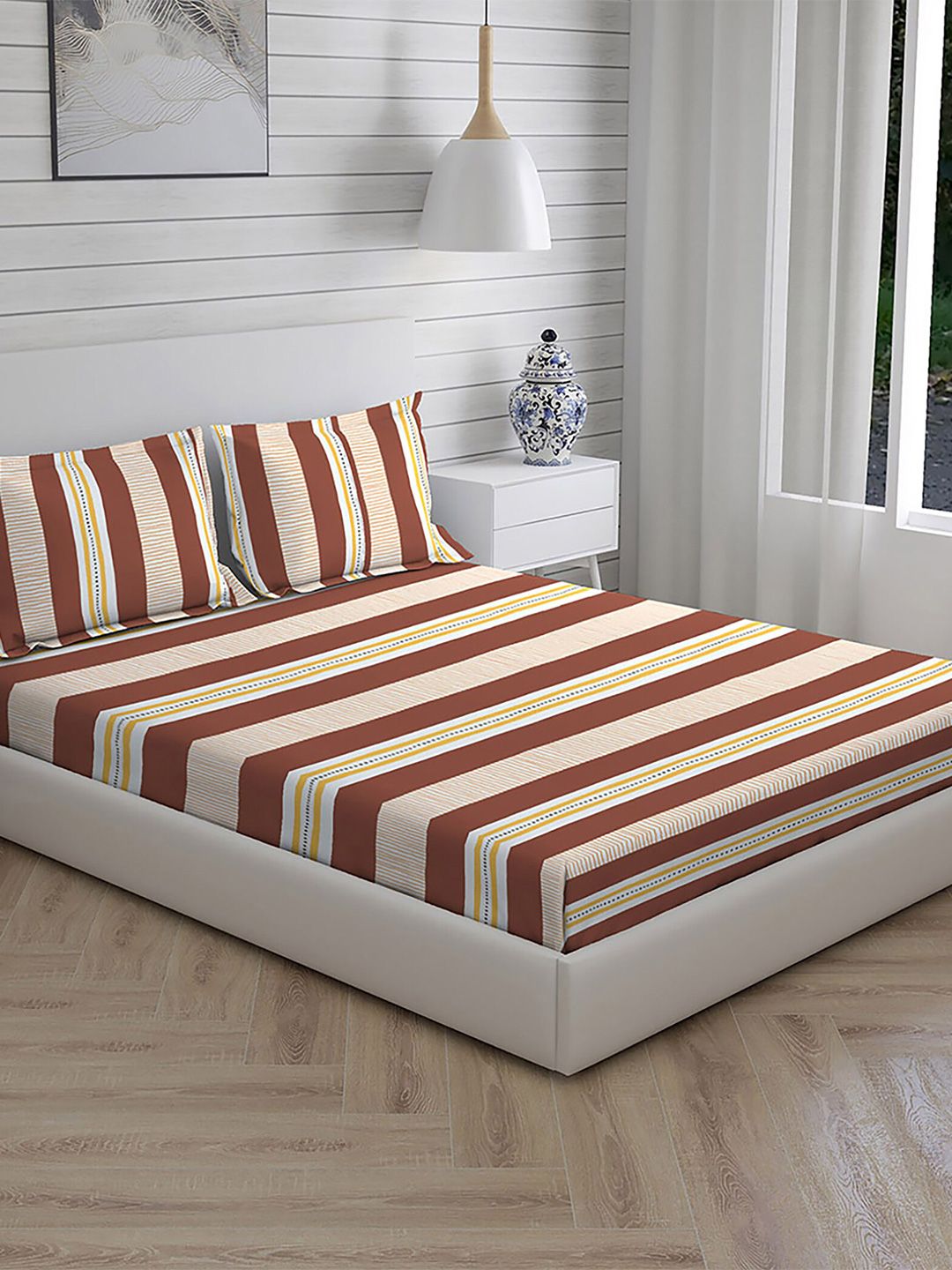 Layers Brown & Yellow Striped 104 TC King Bedsheet with 2 Pillow Covers Price in India