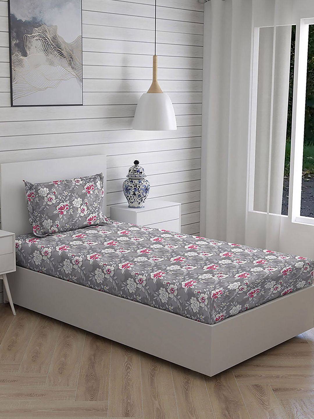 Layers Grey & Pink Floral 104 TC Single Bedsheet with 1 Pillow Covers Price in India
