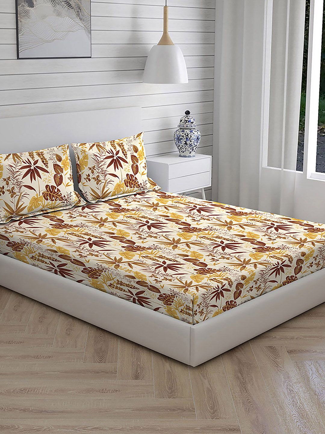 Layers Off White & Brown Floral 104 TC King Bedsheet with 2 Pillow Covers Price in India