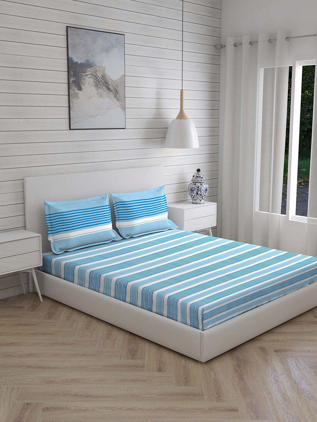 Layers Blue & White Striped 104 TC King Bedsheet with 2 Pillow Covers Price in India