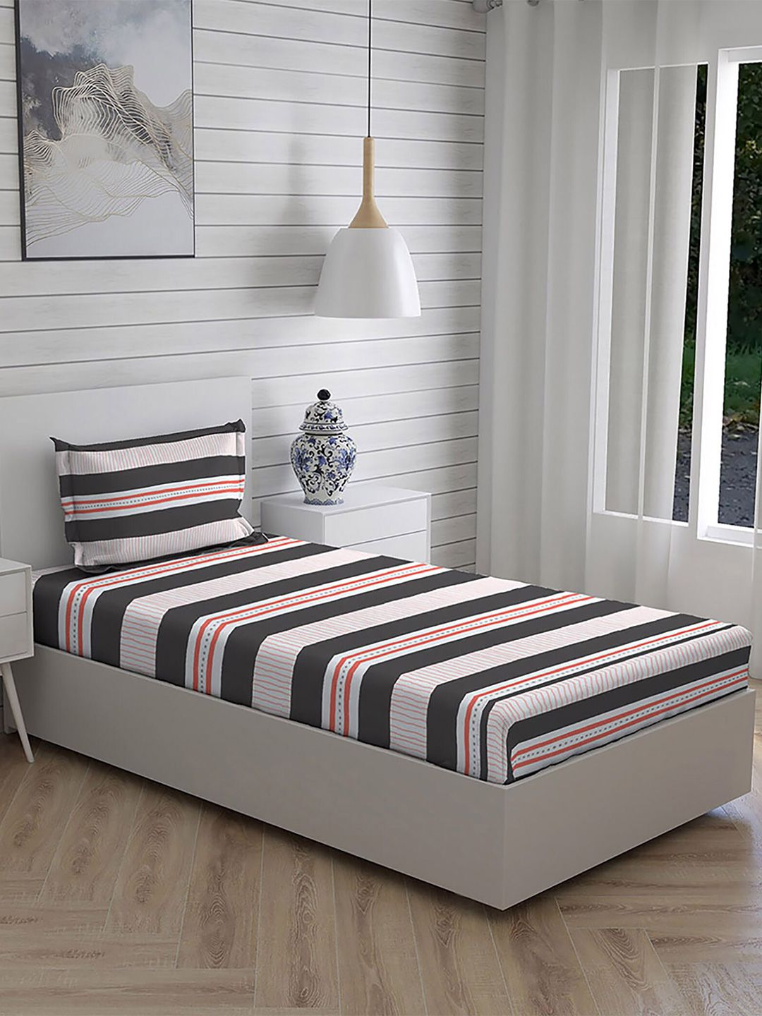 Layers Grey & White Striped 104 TC Single Bedsheet with 1 Pillow Covers Price in India