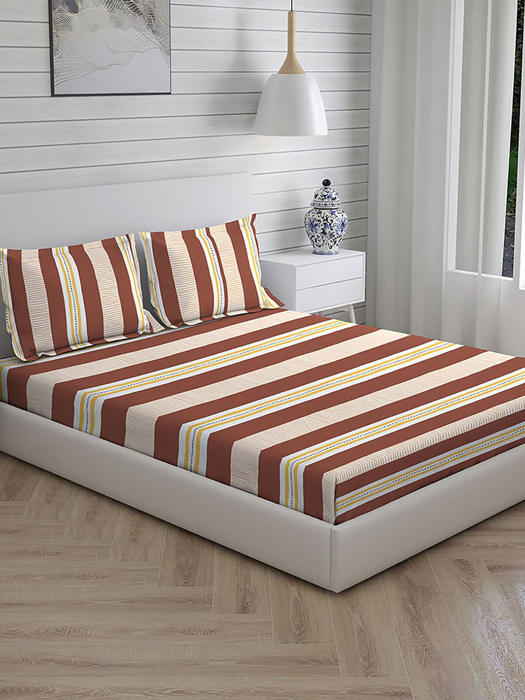 Layers Brown & White Striped 104 TC King Bedsheet with 2 Pillow Covers Price in India