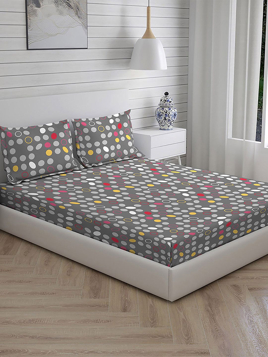 Layers Grey & Yellow Geometric 104 TC King Bedsheet with 2 Pillow Covers Price in India