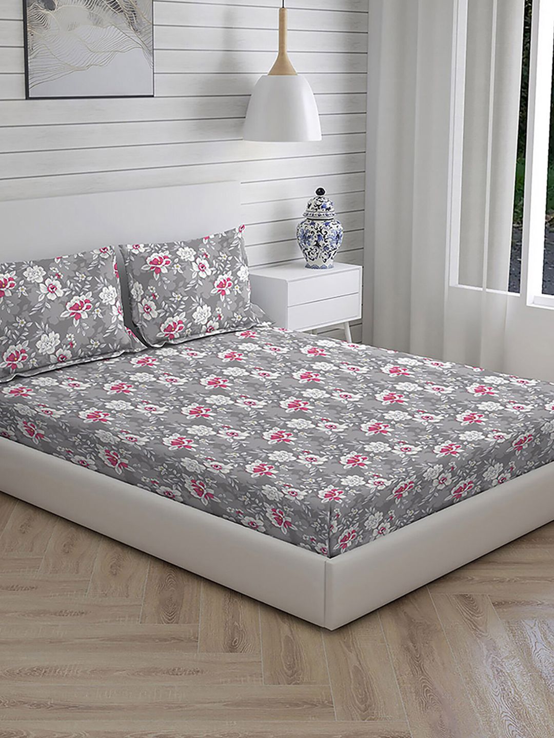 Layers Grey & White Floral 104 TC King Bedsheet with 2 Pillow Covers Price in India