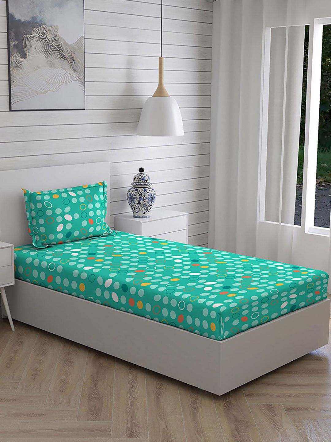 Layers Sea Green & Yellow Geometric 104 TC Single Bedsheet with 1 Pillow Covers Price in India