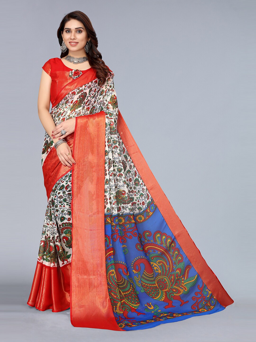 Winza Designer Red & Blue Floral Zari Pure Chiffon Bandhani Saree Price in India