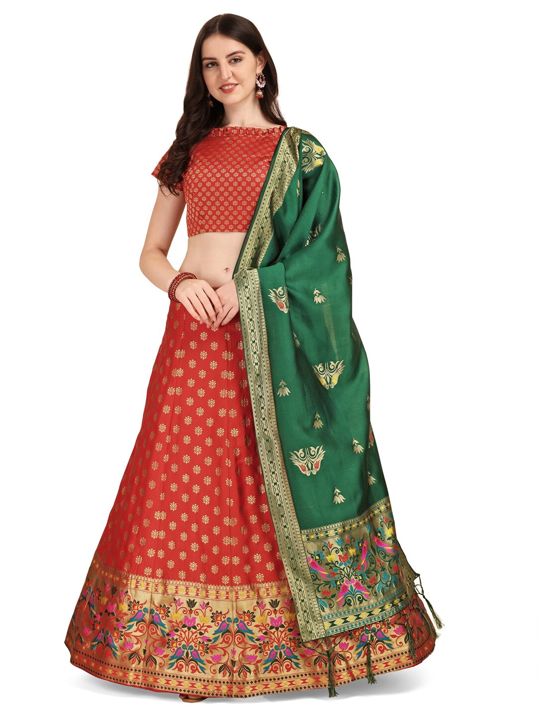 Vaidehi Fashion Red & Green Banarasi Silk Semi-Stitched Lehenga Choli Price in India