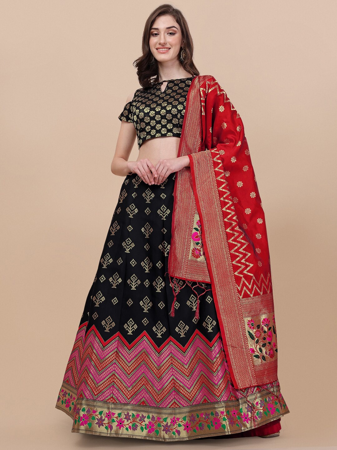 Vaidehi Fashion Black & Red Banarasi Silk Semi-Stitched Lehenga Choli Price in India