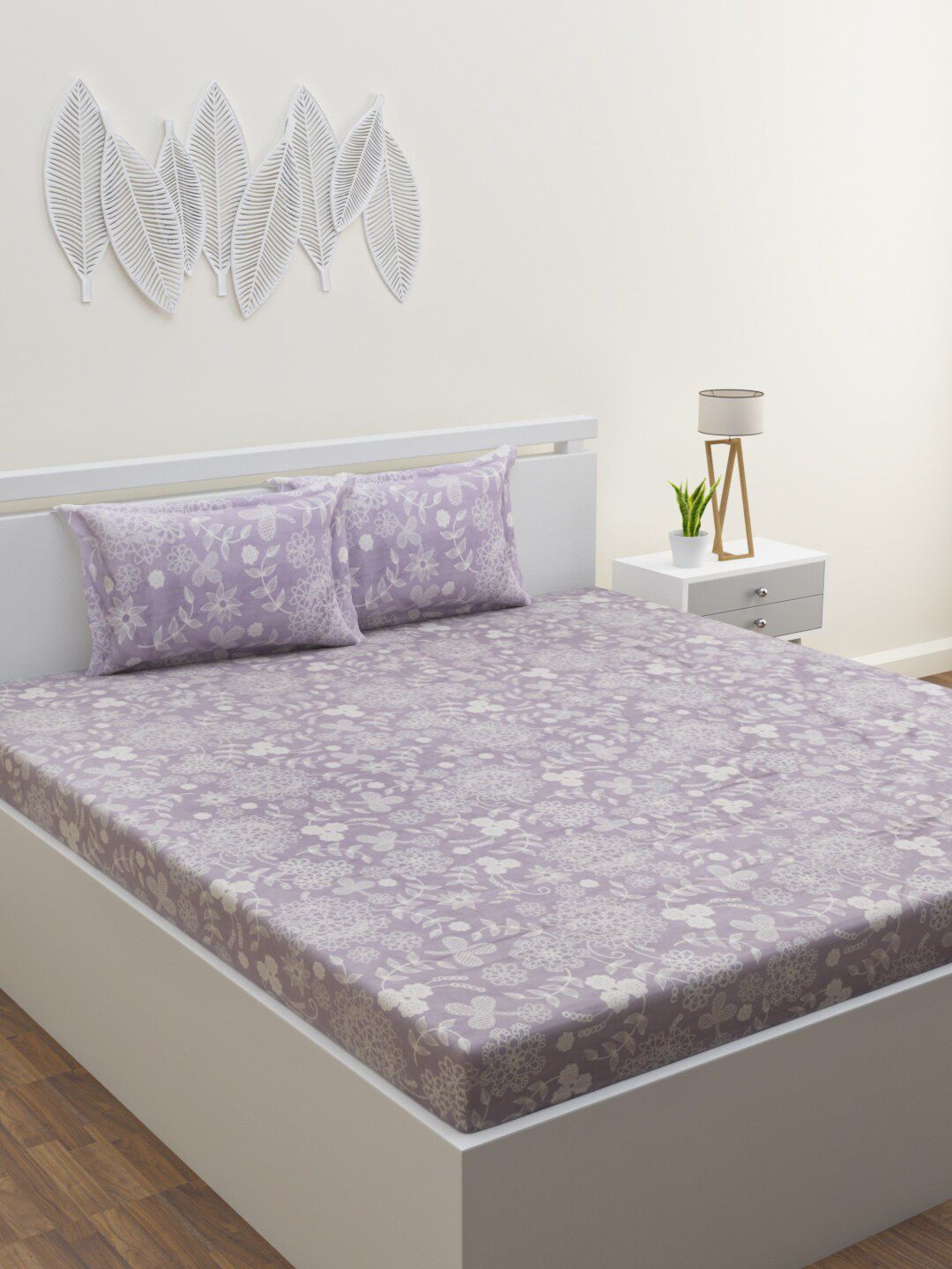 ROMEE Violet & White Floral 300 TC Pure Cotton King Bedsheet with 2 Pillow Covers Price in India