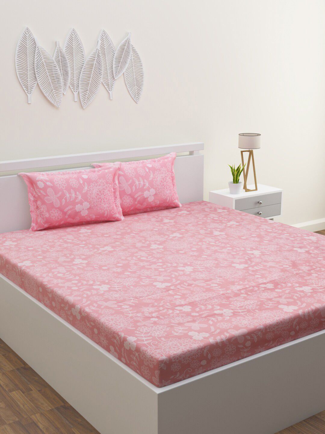 ROMEE Pink & White Floral 300 TC Pure Cotton King Bedsheet with 2 Pillow Covers Price in India